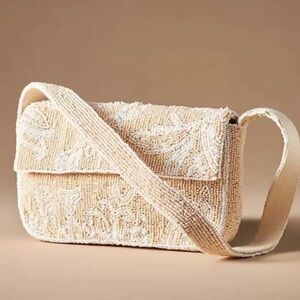 Anthropologie Beaded floral Shoulder Bag in Cream and White